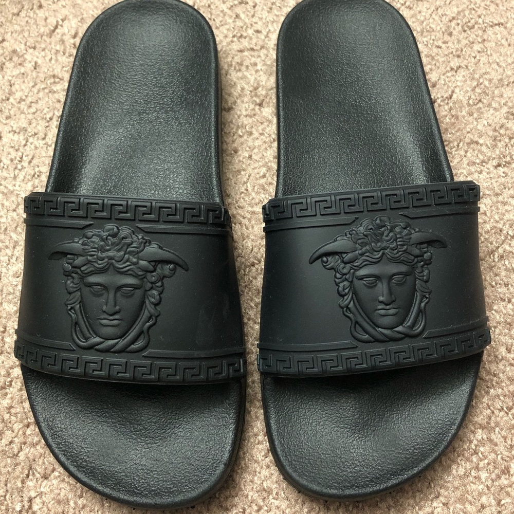 Black Slide Sandal with Medusa Design